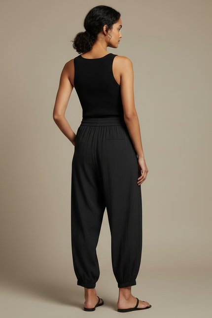 Pantalon Fluide Noir Ample Cordon Cheville Décontracté - Polyester - vue 2