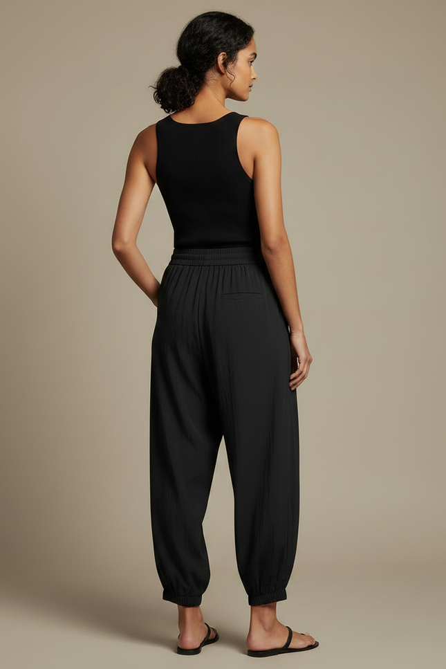 Pantalon Fluide Noir Ample Cordon Cheville Décontracté - Polyester - vue 2