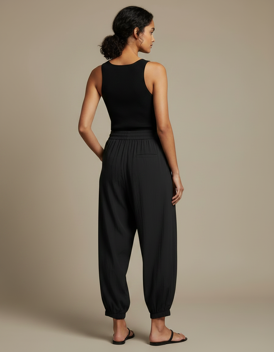 Pantalon Fluide Noir Ample Cordon Cheville Décontracté - Polyester - vue 2