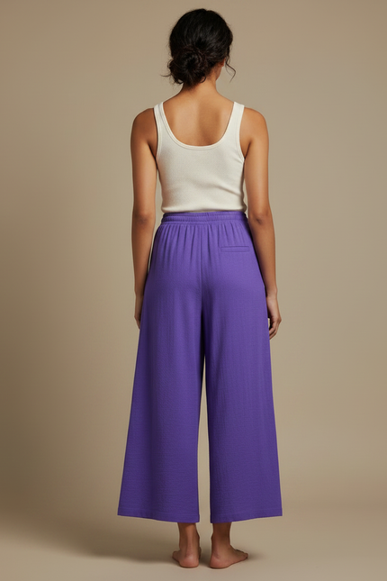 Pantalon Fluide Violet Ample Coton Taille Haute Femme - vue 2