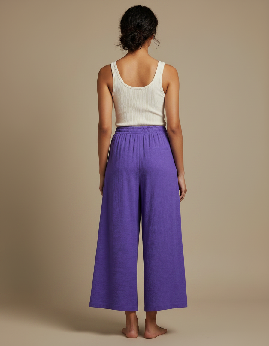 Pantalon Fluide Violet Ample Coton Taille Haute Femme - vue 2