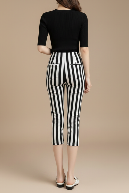 Pantalon Fluide Rayé Noir Blanc Capris Élastique - Imprimé Maille - vue 2