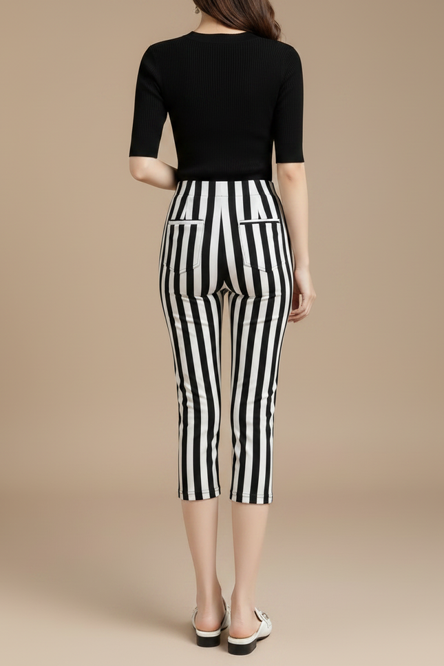 Pantalon Fluide Rayé Noir Blanc Capris Élastique - Imprimé Maille - vue 2