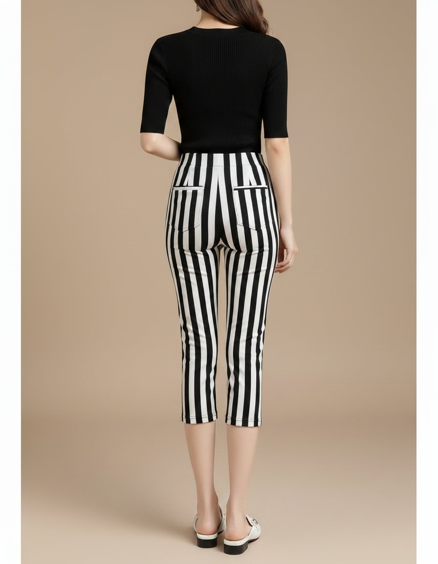 Pantalon Fluide Rayé Noir Blanc Capris Élastique - Imprimé Maille - vue 2