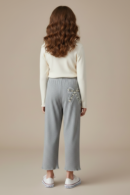Pantalon Fluide Gris Côtelé Ample Brodé Nœud Fille - Maille - vue 2
