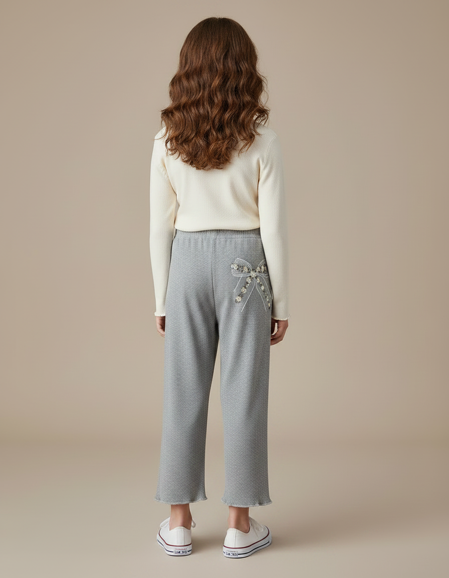 Pantalon Fluide Gris Côtelé Ample Brodé Nœud Fille - Maille - vue 2