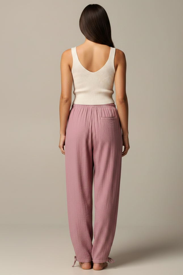 Pantalon Fluide Rose Ample Coton Lin Cordon Femme - vue 2