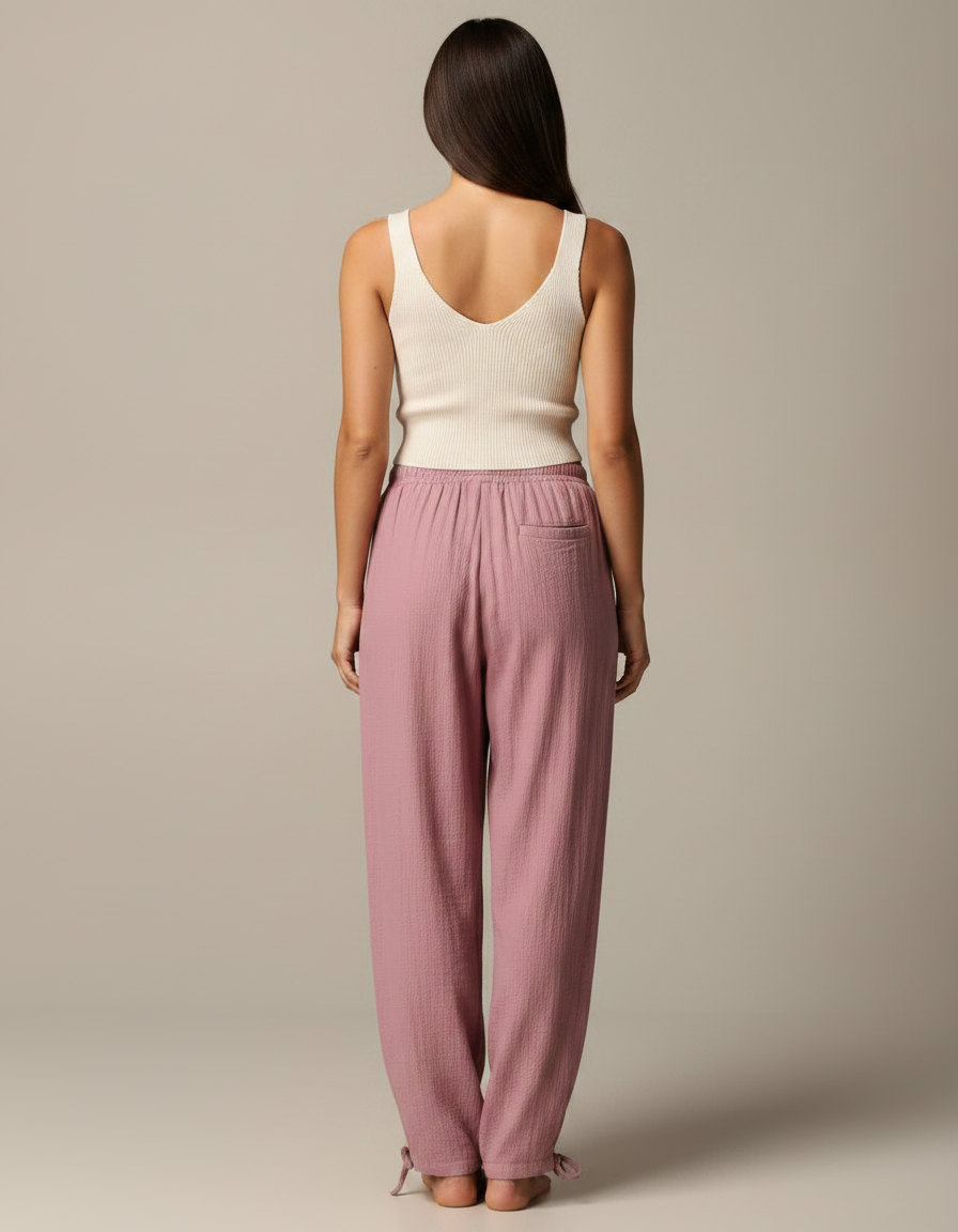 Pantalon Fluide Rose Ample Coton Lin Cordon Femme - vue 2