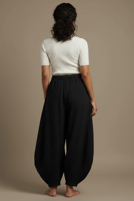 Pantalon Fluide Noir Ample Coton Élastique Femme - vue 2