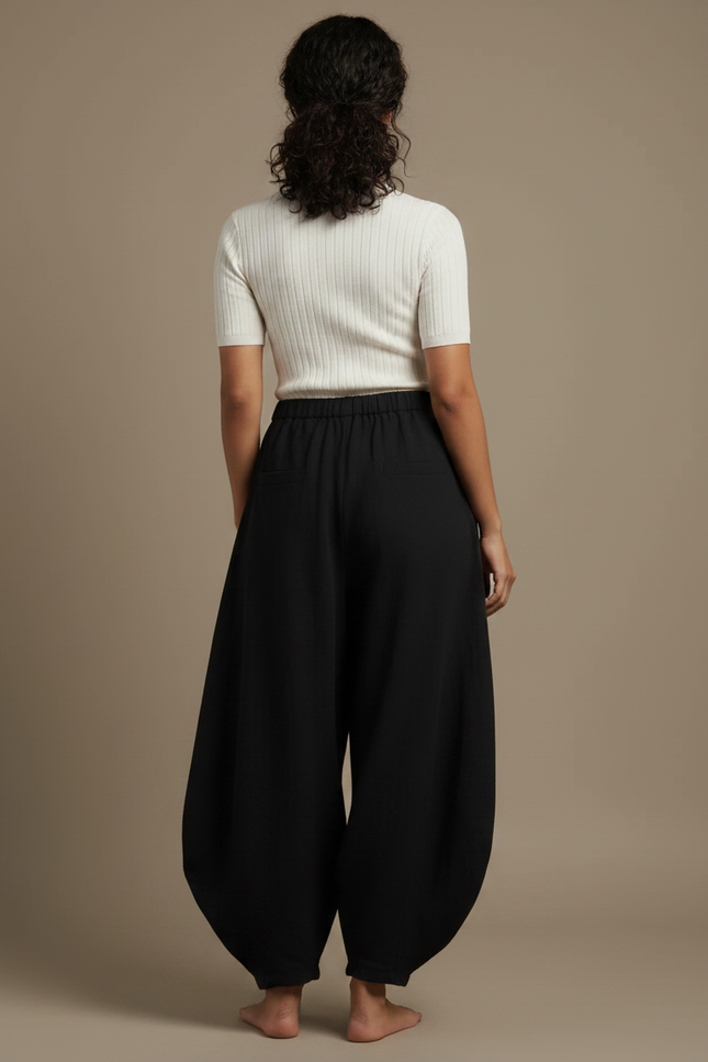 Pantalon Fluide Noir Ample Coton Élastique Femme - vue 2