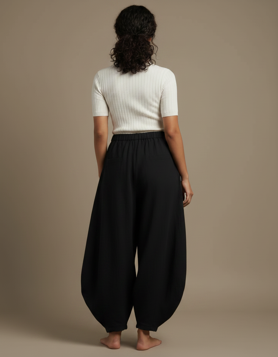 Pantalon Fluide Noir Ample Coton Élastique Femme - vue 2