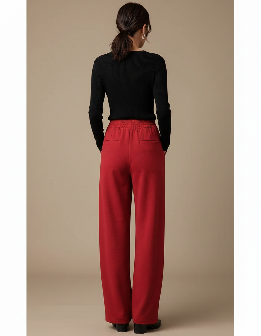 Pantalon Fluide Rouge Ample Taille Haute Femme - Maille - vue 2
