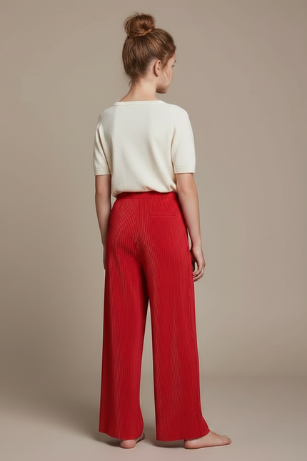 Pantalon Fluide Rouge Plissé Ample Taille Haute Enfant - Polyester - vue 2