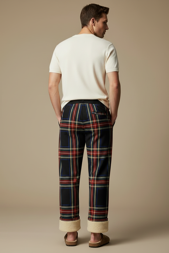 Pantalon Fluide Carreaux Noir Rouge Ample Doublé Homme - Multicolore Molleton - vue 2