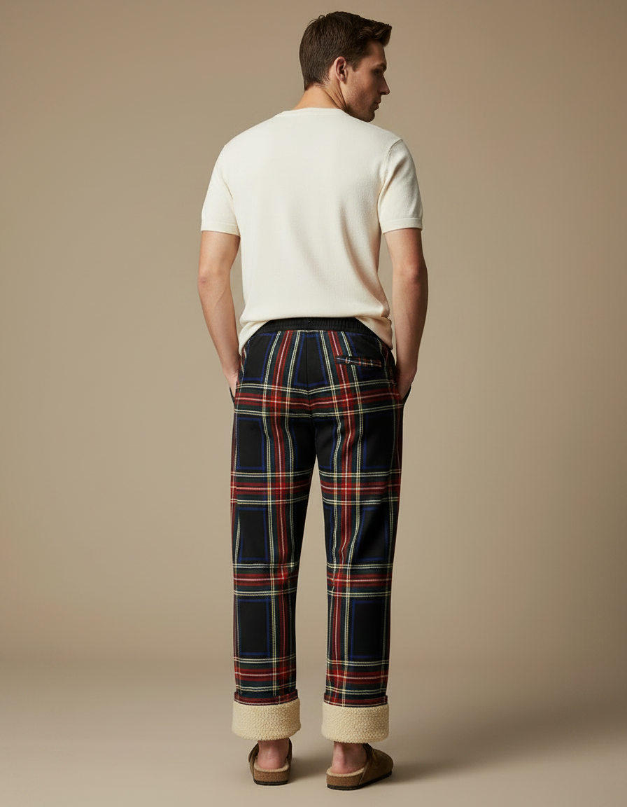 Pantalon Fluide Carreaux Noir Rouge Ample Doublé Homme - Multicolore Molleton - vue 2