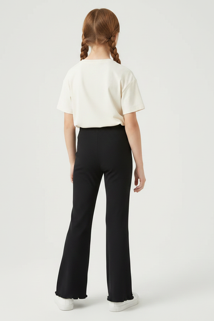 Pantalon Fluide Noir Côtelé Évasé Confortable Fille - Maille - vue 2