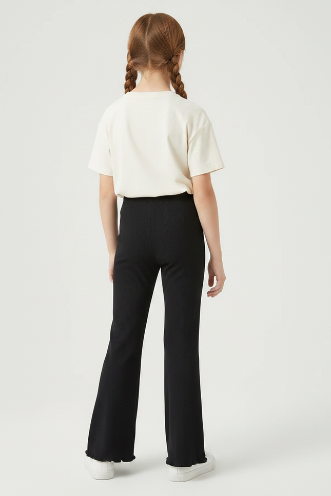Pantalon Fluide Noir Côtelé Évasé Confortable Fille - Maille - vue 2