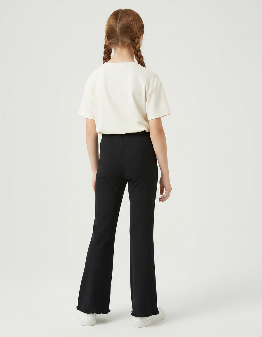 Pantalon Fluide Noir Côtelé Évasé Confortable Fille - Maille - vue 2