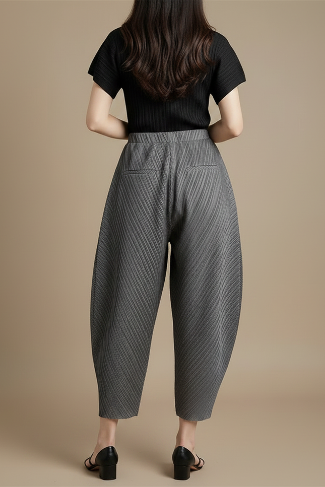 Pantalon Fluide Plissé Gris Ample Décontracté Confortable - Polyester - vue 2