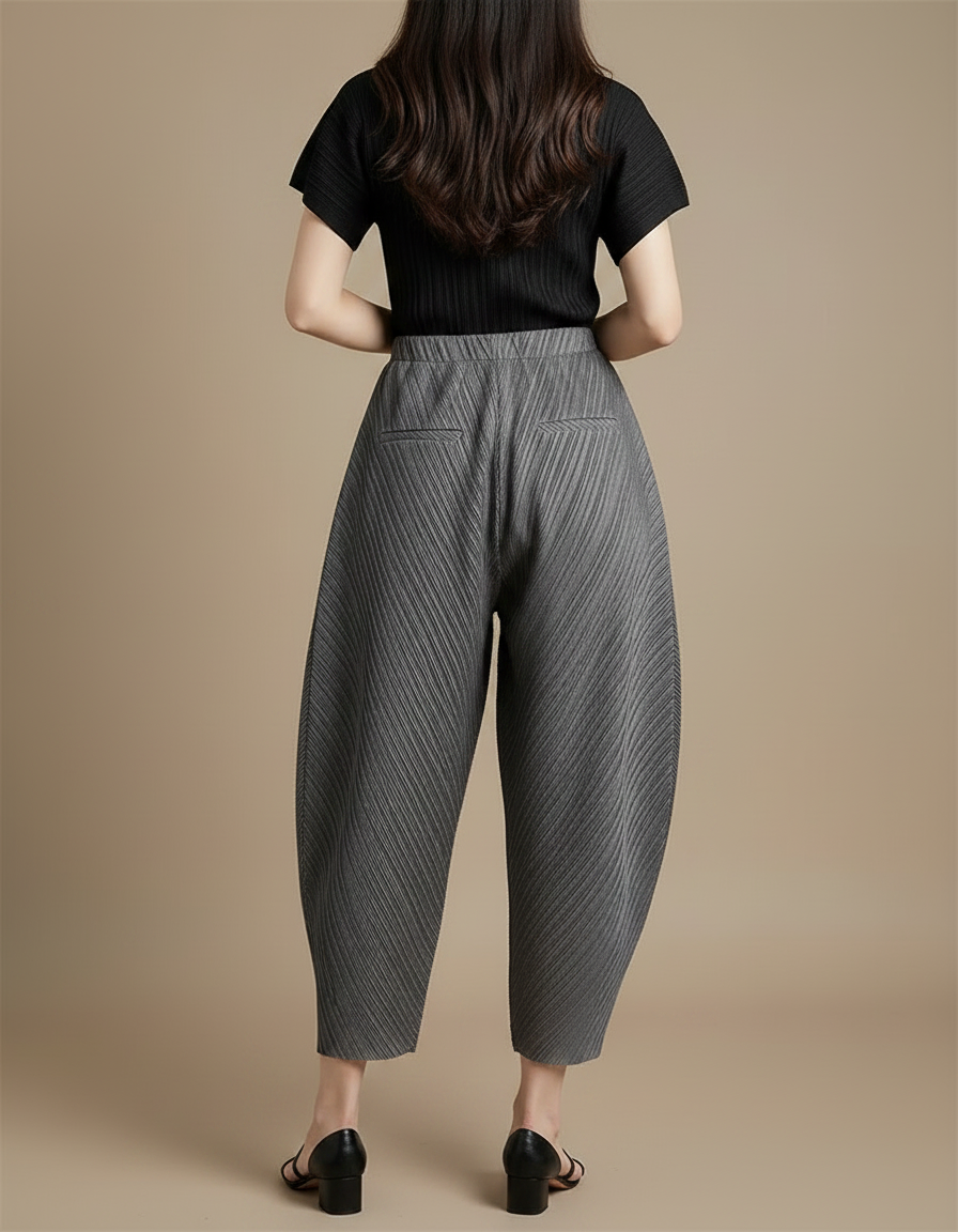 Pantalon Fluide Plissé Gris Ample Décontracté Confortable - Polyester - vue 2