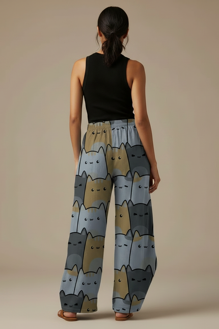 Pantalon Fluide Imprimé Chats Ample Décontracté Gris Marron - Multicolore Viscose - vue 2