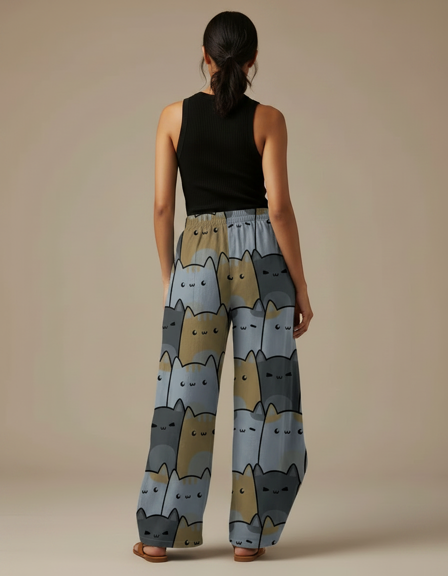 Pantalon Fluide Imprimé Chats Ample Décontracté Gris Marron - Multicolore Viscose - vue 2