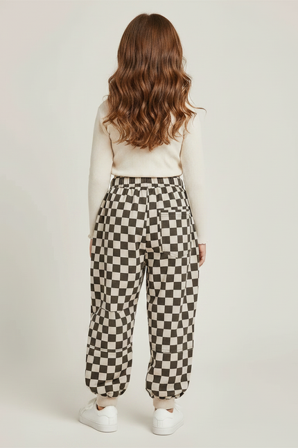 Pantalon Fluide Carreaux Marron Écru Ample Enfants Garçons Filles - Multicolore Molleton - vue 2