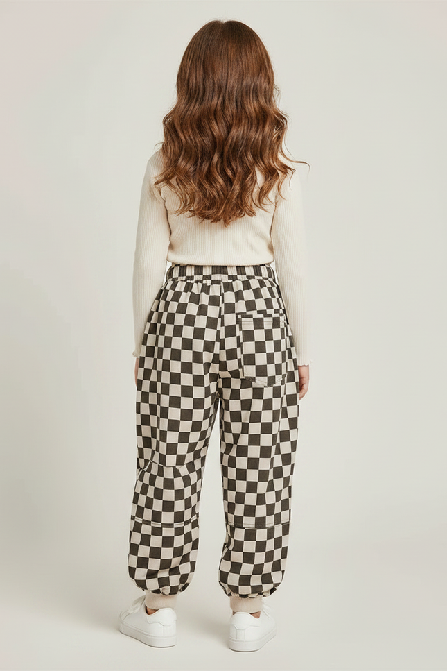 Pantalon Fluide Carreaux Marron Écru Ample Enfants Garçons Filles - Multicolore Molleton - vue 2