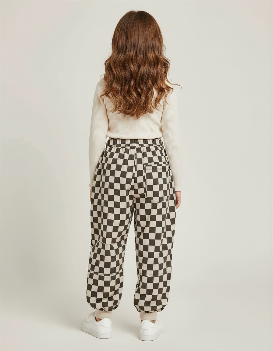 Pantalon Fluide Carreaux Marron Écru Ample Enfants Garçons Filles - Multicolore Molleton - vue 2