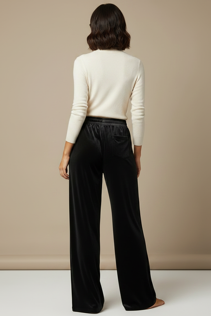 Pantalon Fluide Noir Velours Ample Élégant Femme - vue 2
