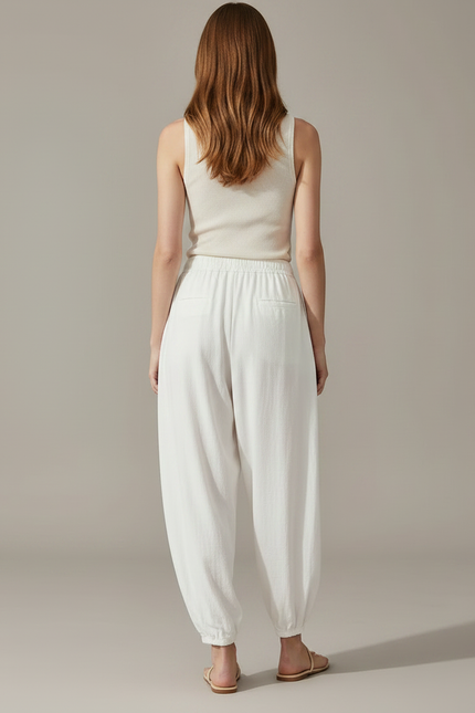 Pantalon Fluide Blanc Ample Coton Décontracté Confortable - Lin - vue 2