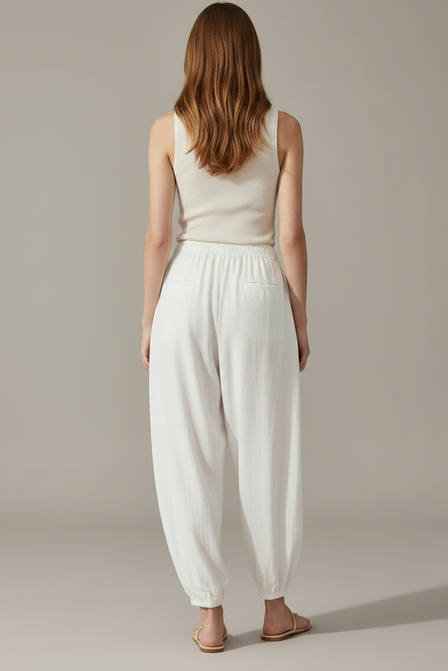 Pantalon Fluide Blanc Ample Coton Décontracté Confortable - Lin - vue 2