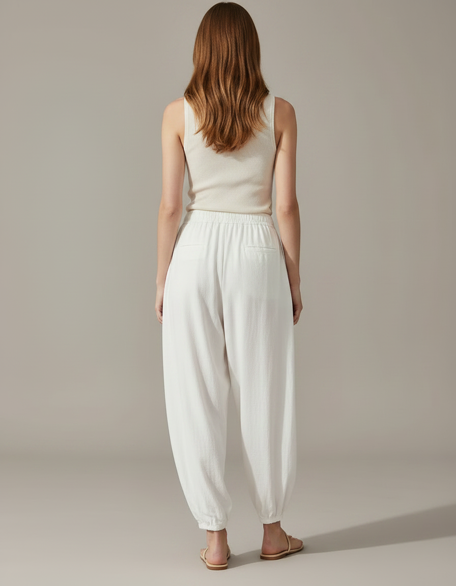 Pantalon Fluide Blanc Ample Coton Décontracté Confortable - Lin - vue 2