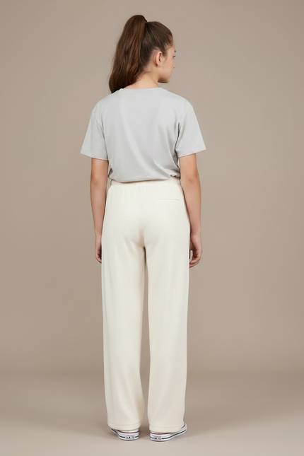 Pantalon Fluide Écru Côtelé Ample Décontracté Fille - Beige Cordé - vue 2