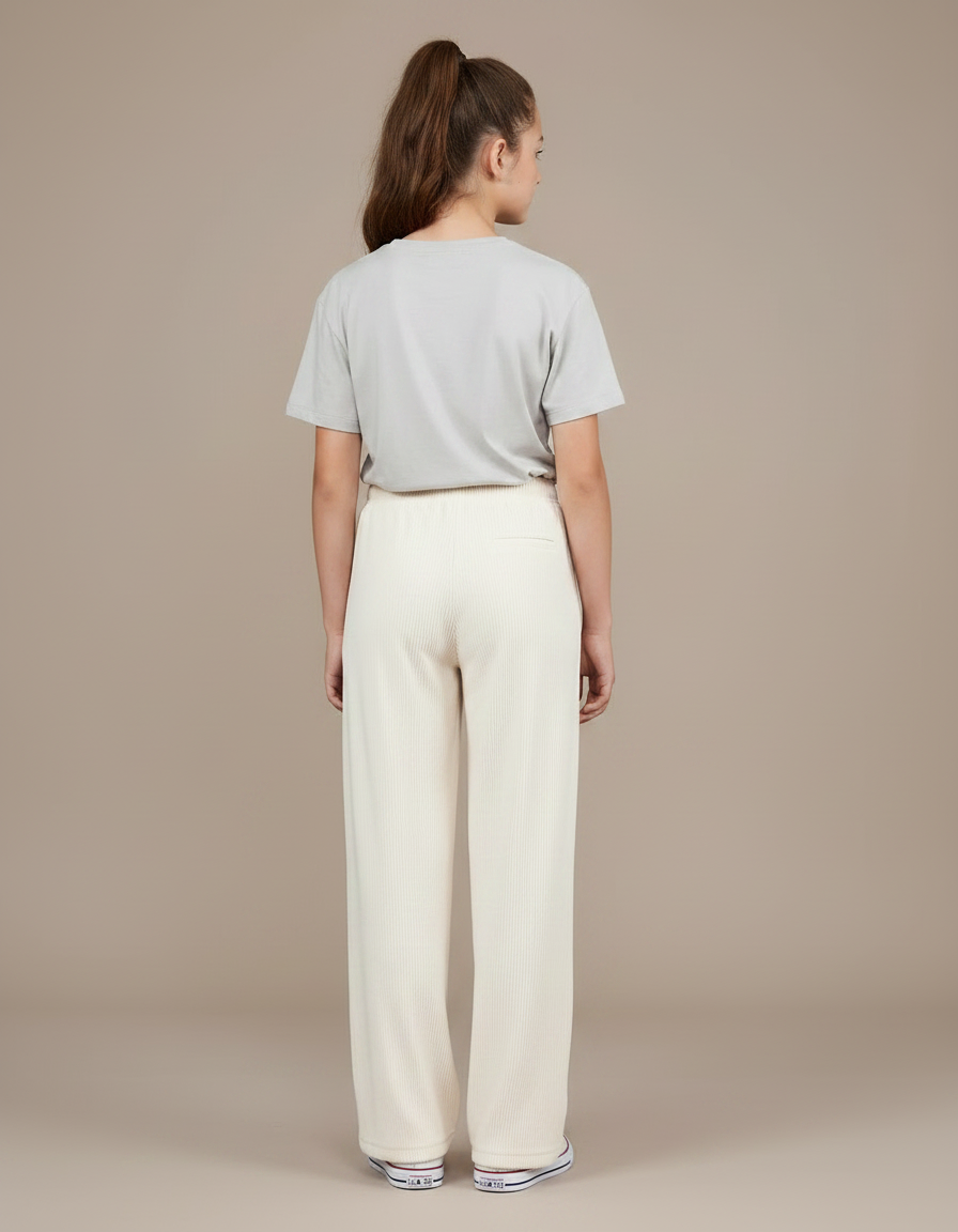 Pantalon Fluide Écru Côtelé Ample Décontracté Fille - Beige Cordé - vue 2