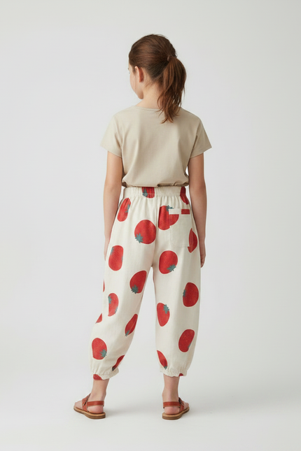 Pantalon Fluide Écru Ample Fraises Coton Enfant - Beige - vue 2