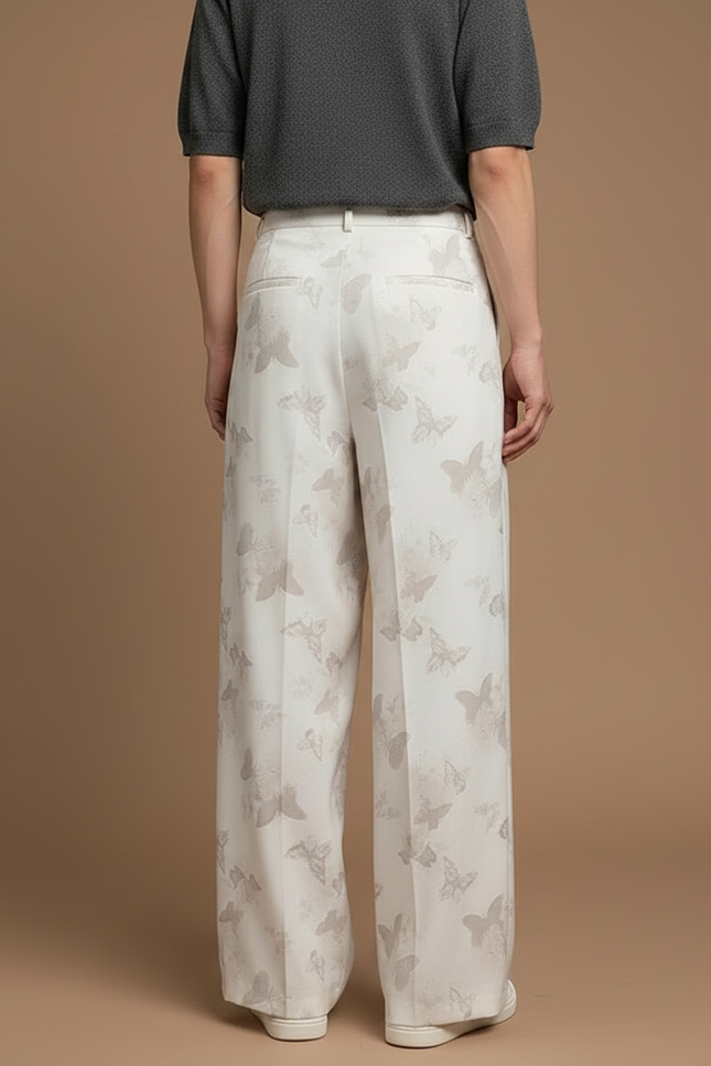 Pantalon Fluide Blanc Cassé Jacquard Papillons Ample Élégant - Satin - vue 2
