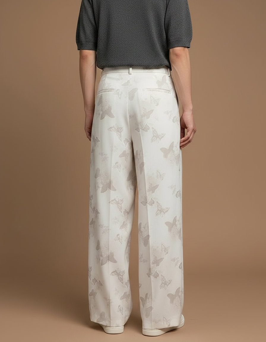 Pantalon Fluide Blanc Cassé Jacquard Papillons Ample Élégant - Satin - vue 2