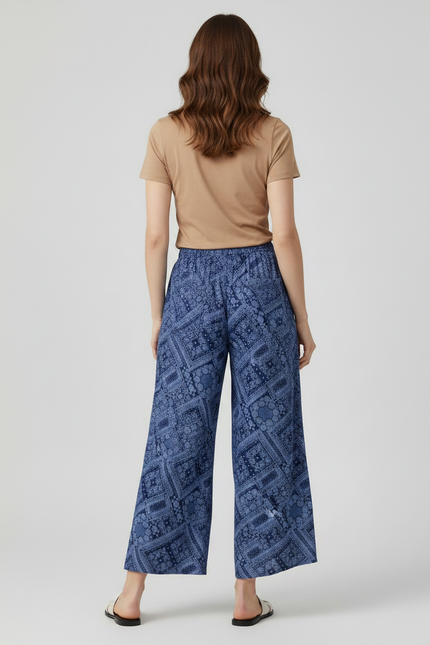 Pantalon Fluide Bleu Motif Ethnique Ample Bohème - Viscose - vue 2