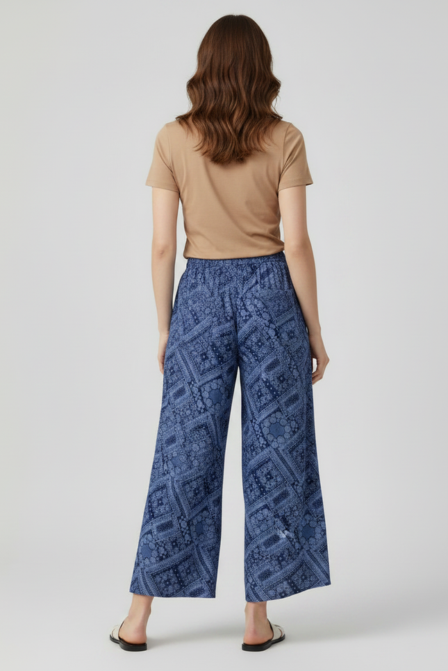 Pantalon Fluide Bleu Motif Ethnique Ample Bohème - Viscose - vue 2