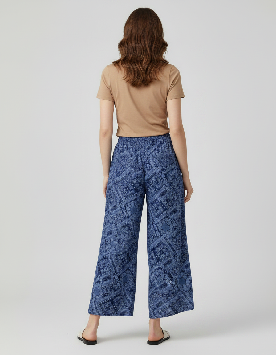 Pantalon Fluide Bleu Motif Ethnique Ample Bohème - Viscose - vue 2