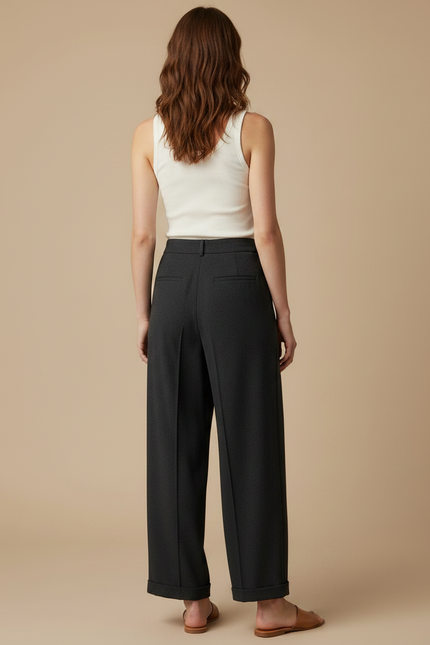 Pantalon Fluide Anthracite Large Taille Haute Plissé - Gris Polyester - vue 2