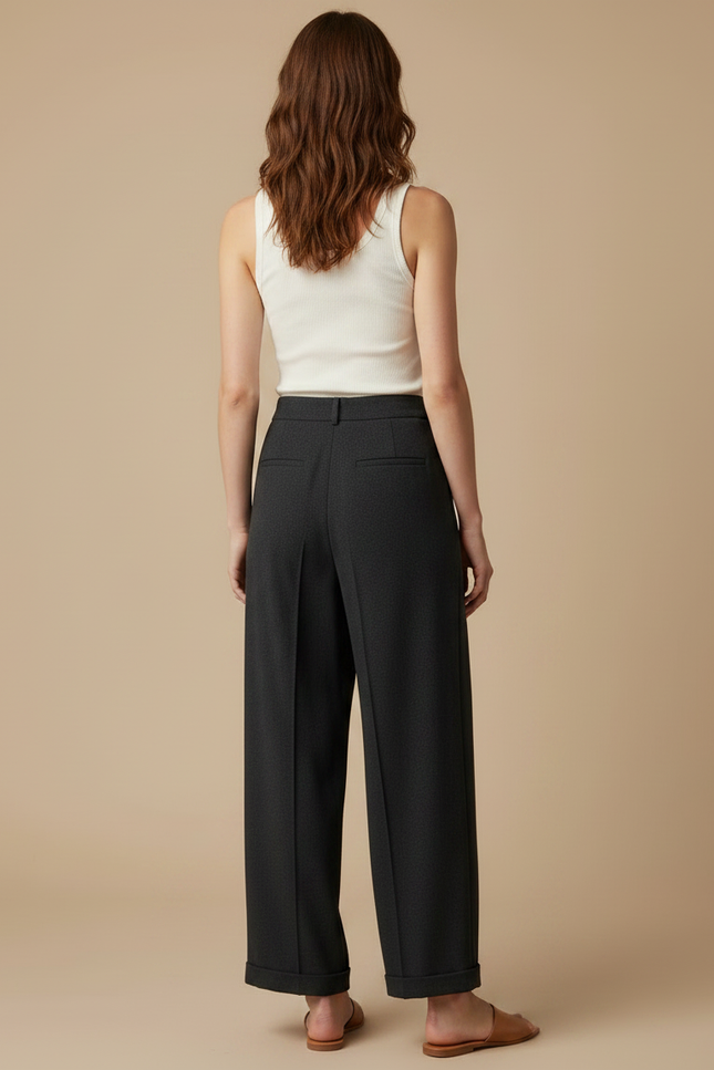 Pantalon Fluide Anthracite Large Taille Haute Plissé - Gris Polyester - vue 2