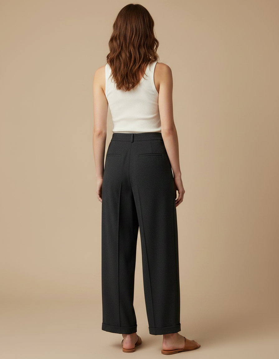 Pantalon Fluide Anthracite Large Taille Haute Plissé - Gris Polyester - vue 2