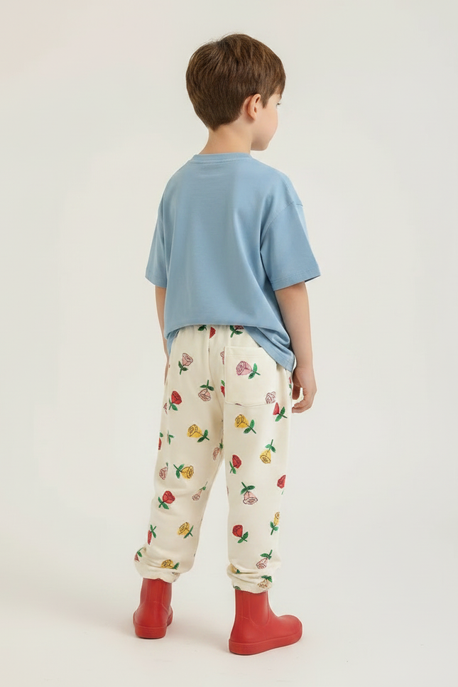 Pantalon Fluide Écru Ample Motif Fleurs Enfant - Beige Molleton - vue 2