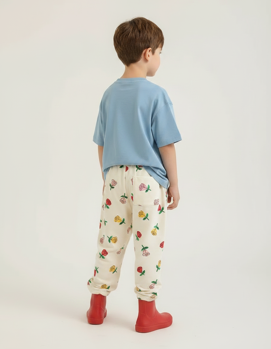 Pantalon Fluide Écru Ample Motif Fleurs Enfant - Beige Molleton - vue 2