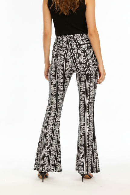 Pantalon Fluide Noir Blanc Imprimé Éléphant Bohème Évasé - Viscose - vue 2