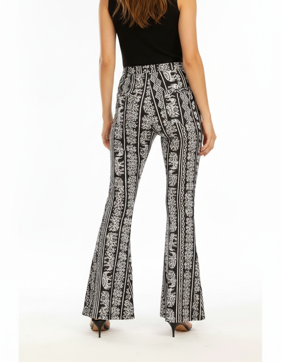 Pantalon Fluide Noir Blanc Imprimé Éléphant Bohème Évasé - Viscose - vue 2