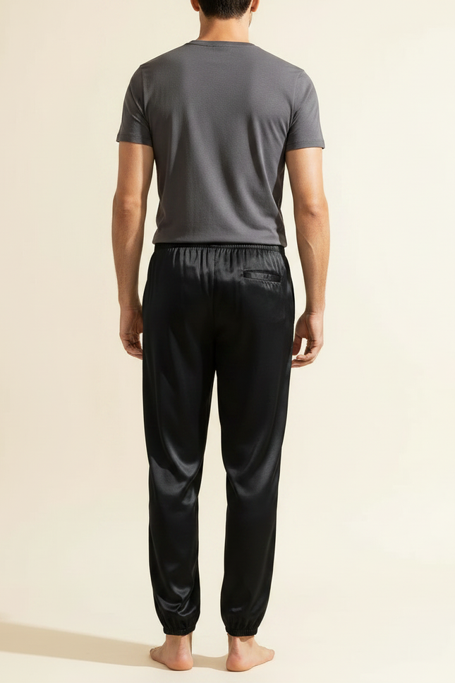 Pantalon Fluide Noir Satin Ample Homme Décontracté - vue 2
