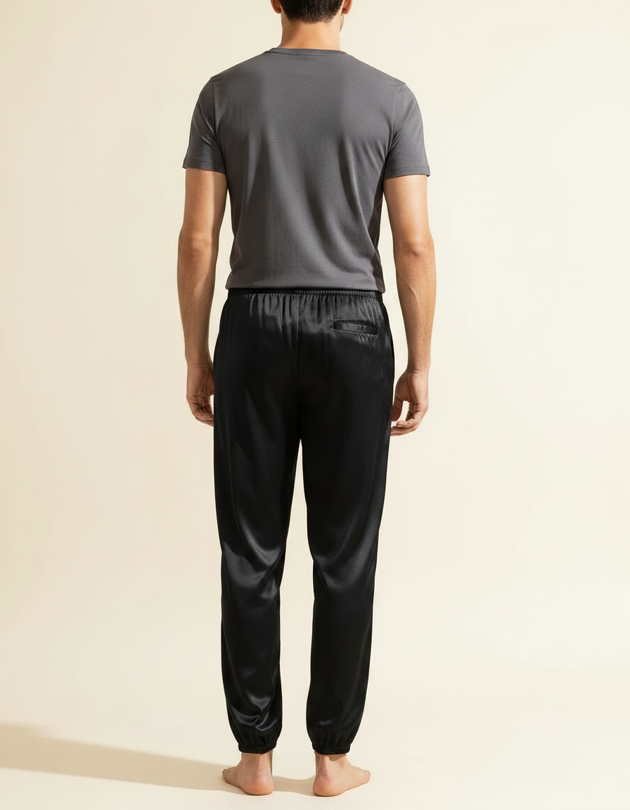 Pantalon Fluide Noir Satin Ample Homme Décontracté - vue 2